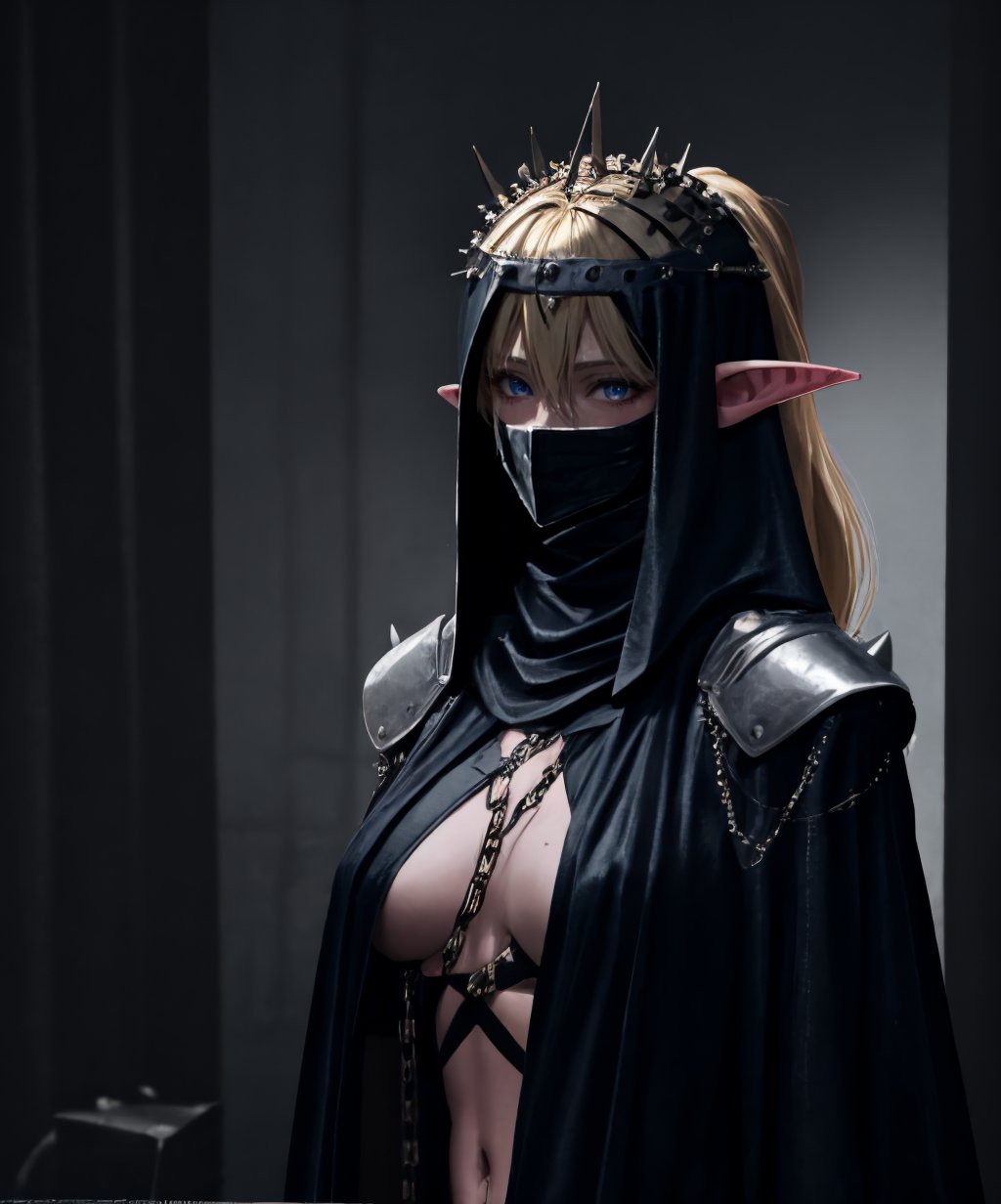 Aeriy,dark theme,1girl,pointy ears,long hair,blue eyes,blonde hair,navel,hair between eyes,ponytail,earrings,jewelry,chain,spike,elf,armor,helmet,cloak,hood up,robe,upper body,solo,<lora:cultiste-07:0.8>,<lora:LowRA:0.8>,<lora:Aeriy:0.8>,