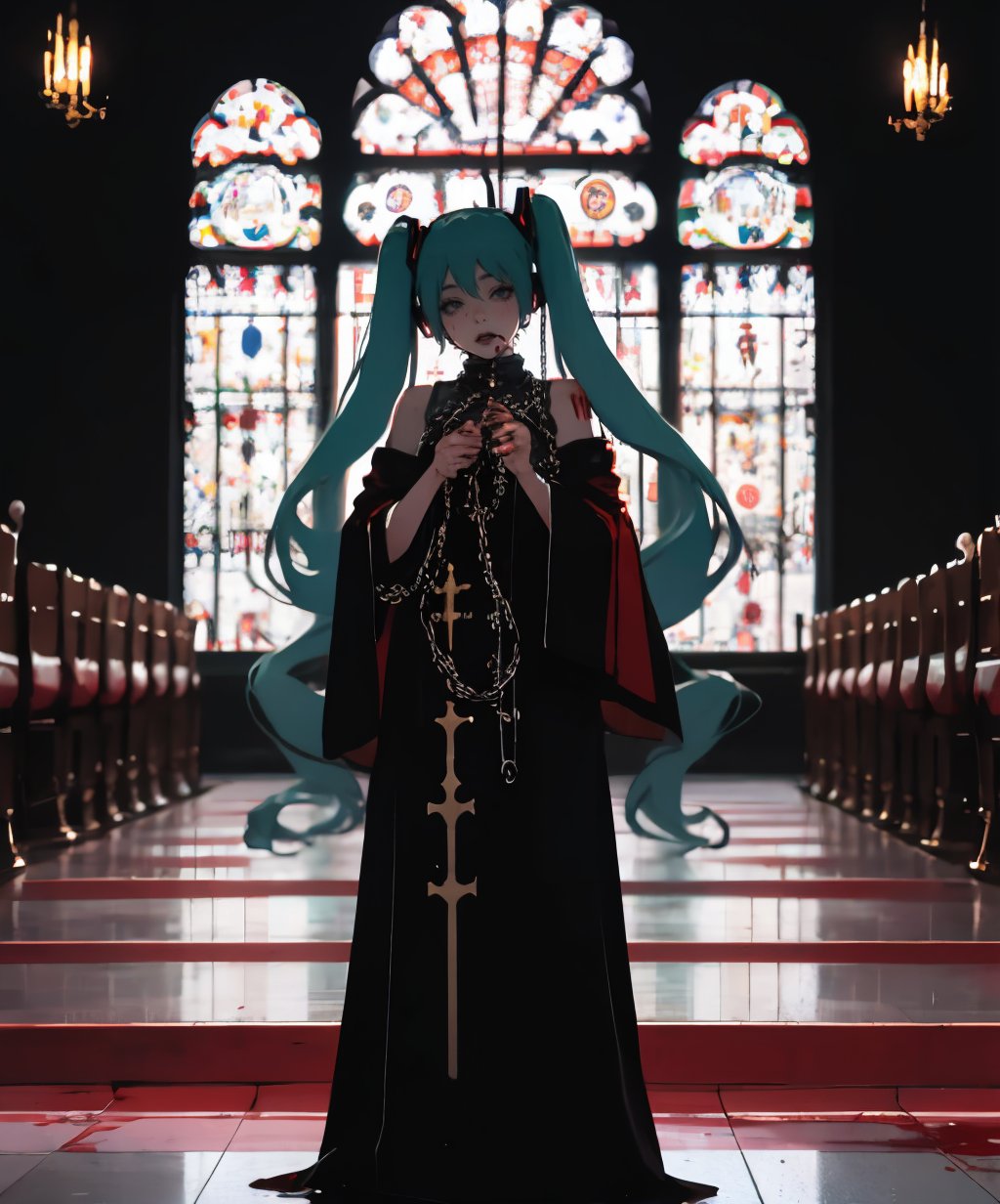 hatsune miku,1girl,blood,chain,looking at viewer,robe,spikes,standing,crucifix,church,<lora:cultiste-07:1>,