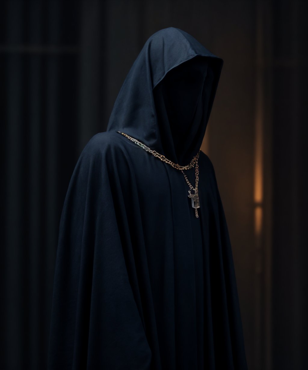 dark theme,solo,1boy,upper body,male focus,blurry,no humans,chain,spike,cloak,hood up,robe,blurry background,<lora:cultiste-07:1>,<lora:LowRA:0.8>,