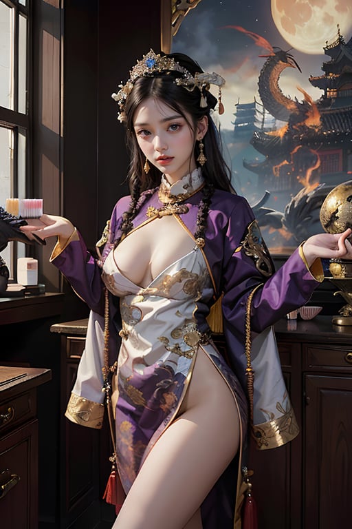 1girl, long hair, black hair, Qing Dynasty empress hair ornament, standing, wings, horns, red sky, clouds, gorgeous purple Hanfu with gold rim, moon, fire, claws, dragon, dragon tail, scales, architecture, East Asian architecture Forbidden City, Two ferocious dark purple oriental dragons spit out purple flames. Empress Dowager Cixi has purple eyes. She holds a luminous pearl (cyan transparent) in one hand and is surrounded by a ball of purple flames. She has many gold jewelry on her body. She has a Chinese-style female crown, big breasts, and dark purple. Peony flower hair accessories,Nice legs and hot body

(long straight black hair with bangs), looking at viewer, (clearly purple eyes), longfade eyebrow,  make up, ombre lips,(huge breasts), busty body, flirting to customer, frosty, (beauty salon theme:1.5), finger detailed, background detailed, ambient lighting, extreme detailed, cinematic shot, realistic illustration, (soothing tones:1.3), (hyperdetailed:1.2), masterpiece,no Excessive text and watermark,Legs crossed normally,Normal feets,normal nipples,Normal body,normal limbs ,nodf_lora,Nice legs and hot body,女孩,清朝