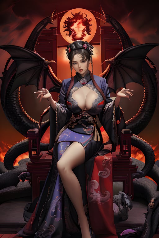 1girl, long hair, black hair, Qing Dynasty empress hair ornament, standing, wings, horns, red sky, clouds, gorgeous purple Hanfu with gold rim, moon, fire, claws, dragon, dragon tail, scales, architecture, East Asian architecture Forbidden City, Two ferocious dark purple oriental dragons spit out purple flames. Empress Dowager Cixi has purple eyes. She holds a luminous pearl (cyan transparent) in one hand and is surrounded by a ball of purple flames. She has many gold jewelry on her body. She has a Chinese-style female crown, big breasts, and dark purple. Peony flower hair accessories,Nice legs and hot body

(long straight black hair with bangs), looking at viewer, (clearly purple eyes), longfade eyebrow,  make up, ombre lips,(huge breasts), busty body, flirting to customer, frosty, (beauty salon theme:1.5), finger detailed, background detailed, ambient lighting, extreme detailed, cinematic shot, realistic illustration, (soothing tones:1.3), (hyperdetailed:1.2), masterpiece,no Excessive text and watermark,Legs crossed normally,Normal feets,normal nipples,Normal body,normal limbs ,nodf_lora,Nice legs and hot body,清朝