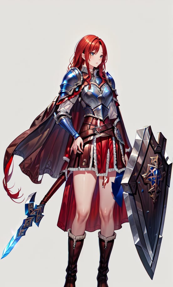 
(masterpiece, best quality:1.2), Character design, ((1 girl, solo)), viking warrior, slim body, medium chest, skinny waist, ((long red hair)). blue eyes. (((leather armor))), ((large skirt)), (belt), (((boots, intricate details))), (((lfur cape))), (((advanced weapon fantasy plasma sword in right hand))), (((shield viking left hand))), (standing), (((front view))), plain gray background, masterpiece, HD high quality, 8K ultra high definition, ultra definition,