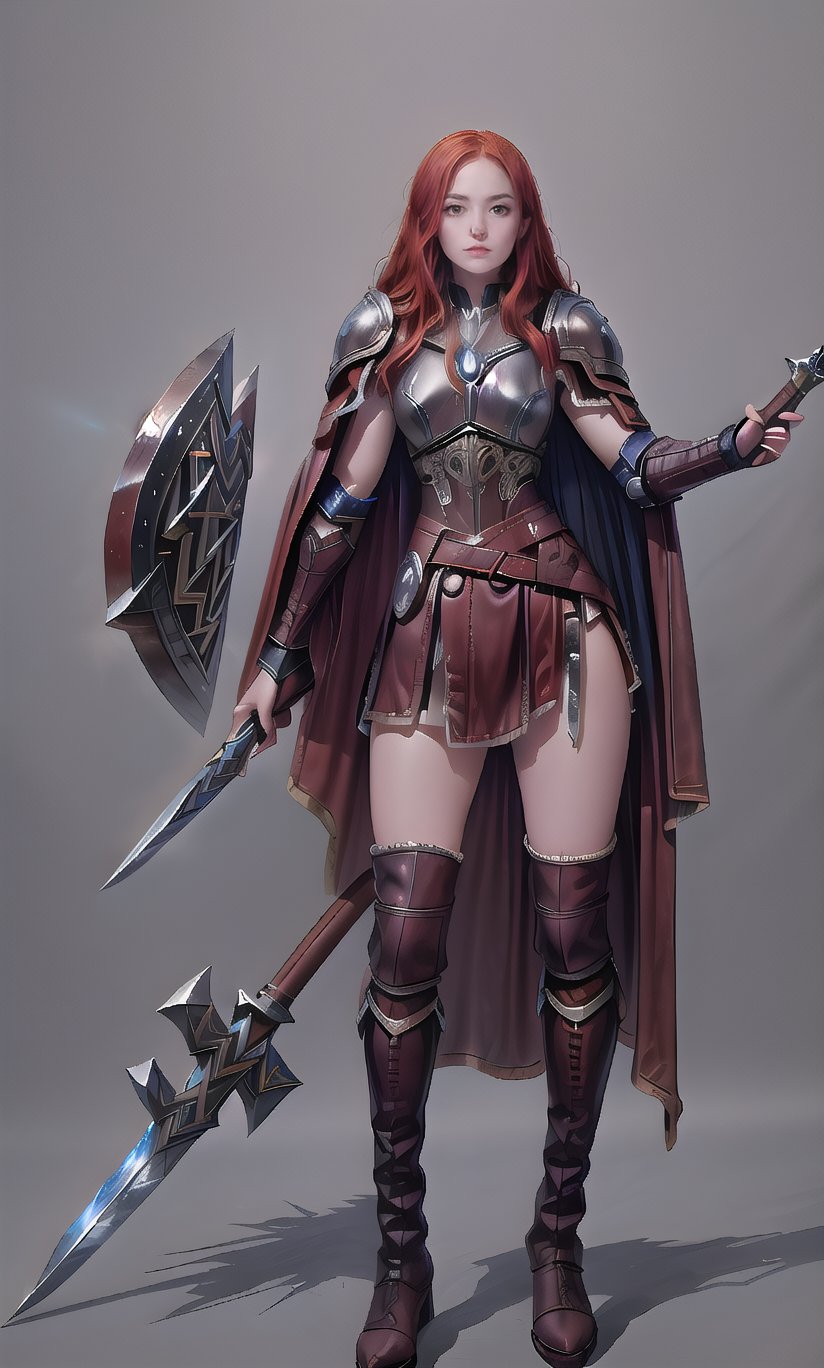 
(masterpiece, best quality:1.2), Character design, ((1 girl, solo)), viking warrior, slim body, medium chest, skinny waist, ((long red hair)). blue eyes. (((leather armor))), ((large skirt)), (belt), (((boots, intricate details))), (((lfur cape))), (((advanced weapon fantasy plasma sword in right hand))), (((shield viking left hand))), (standing), (((front view))), plain gray background, masterpiece, HD high quality, 8K ultra high definition, ultra definition,Masterpiece