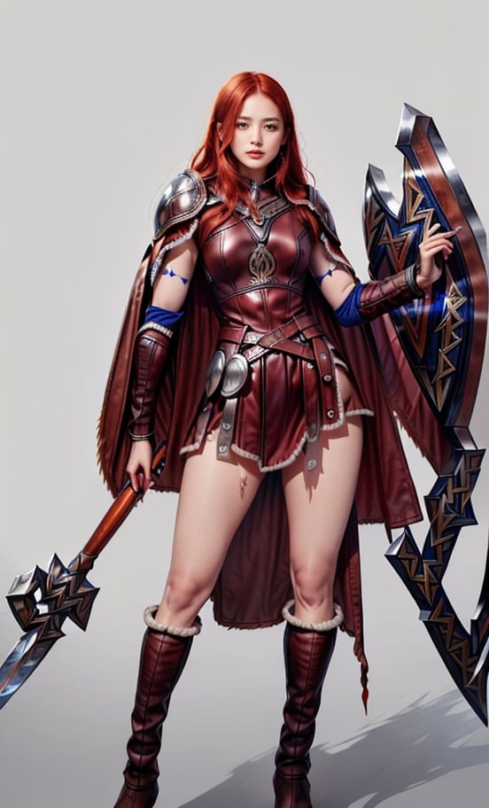 
(masterpiece, best quality:1.2), Character design, ((1 girl, solo)), viking warrior, slim body, medium chest, skinny waist, ((long red hair)). blue eyes. (((leather armor))), ((large skirt)), (belt), (((boots, intricate details))), (((lfur cape))), (((advanced weapon fantasy plasma sword in right hand))), (((shield viking left hand))), (standing), (((front view))), plain gray background, masterpiece, HD high quality, 8K ultra high definition, ultra definition,