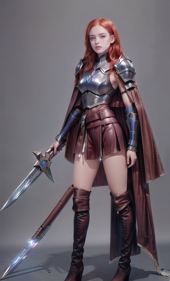 
(masterpiece, best quality:1.2), Character design, ((1 girl, solo)), viking warrior, slim body, medium chest, skinny waist, ((long red hair)). blue eyes. (((leather armor))), ((large skirt)), (belt), (((boots, intricate details))), (((lfur cape))), (((advanced weapon fantasy plasma sword in right hand))), (standing), (((side body view))), plain gray background, masterpiece, HD high quality, 8K ultra high definition, ultra definition,