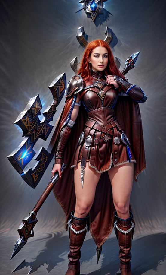 
(masterpiece, best quality:1.2), Character design, ((1 girl, solo)), viking warrior, slim body, medium chest, skinny waist, ((long red hair)). blue eyes. (((leather armor))), ((large skirt)), (belt), (((boots, intricate details))), (((lfur cape))), (((advanced weapon fantasy plasma axe in right hand))), (((shield viking left hand))), (standing), (((front view))), plain gray background, masterpiece, HD high quality, 8K ultra high definition, ultra definition,Masterpiece