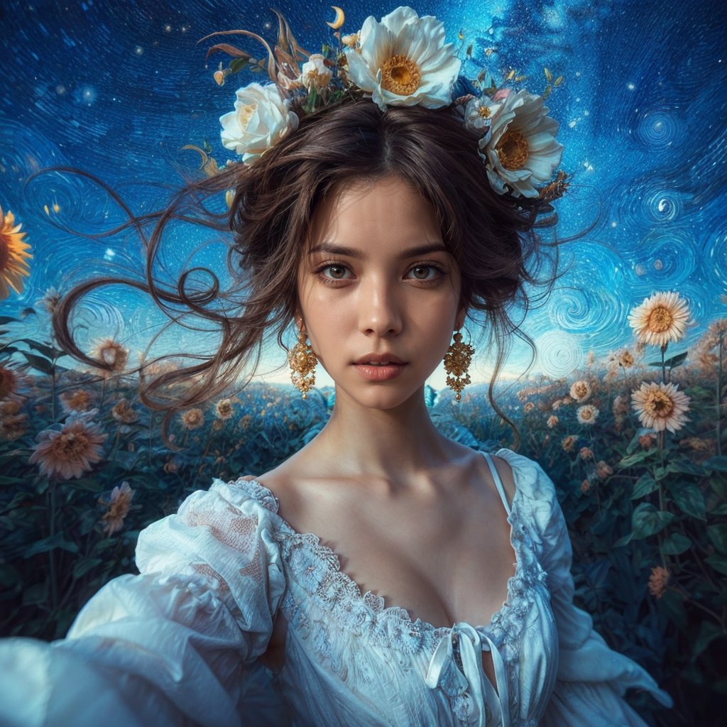 Realistic 8K resolution photography of 1 angry girl to reach the viewer. wearing a white dress, her girlish aura captured in Mucha style, set against a Mucha-inspired Gismonda, meeting the radiance of the Starry Night blue sky with radiant flowers evidencing Mucha's intricate style, Film photo style, realistic skin, Rough skin, fish-eye lens, dramatic lighting, soft lighting.