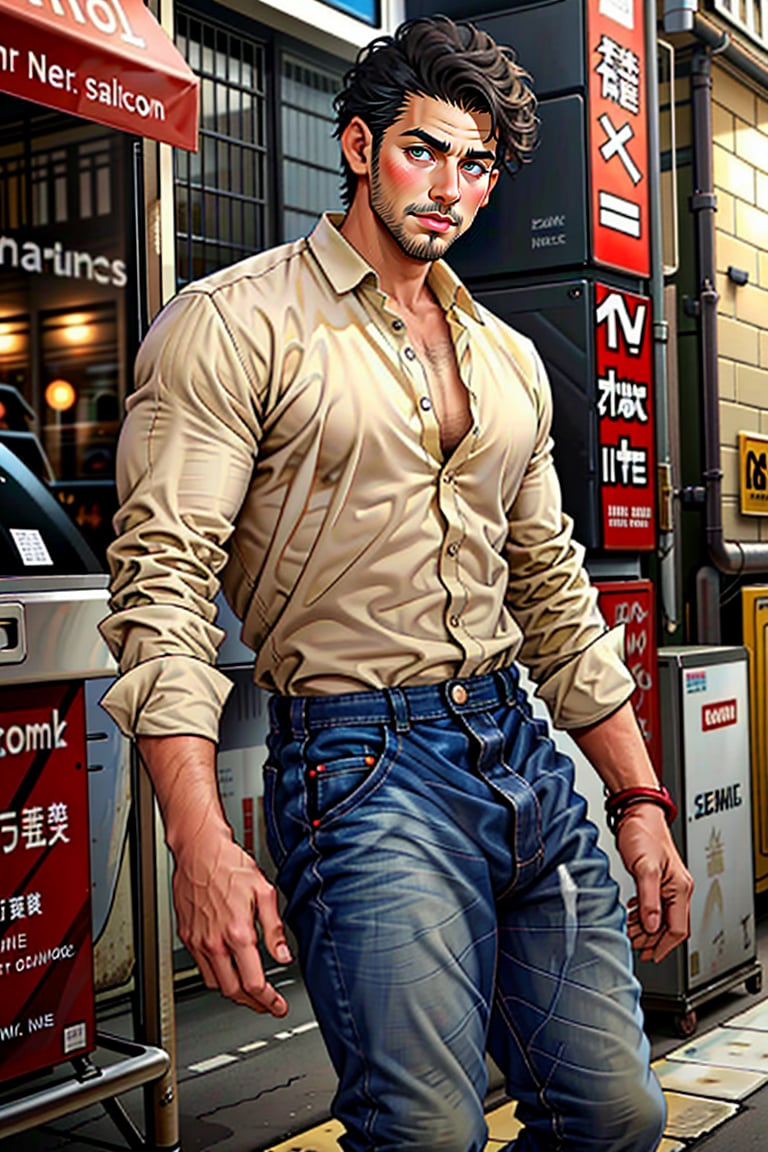 solo, looking at viewer, short hair, shirt, black hair, 1boy, white shirt, male focus, striped, collared shirt, pants, facial hair, denim, beard, jeans, striped shirt, realistic, stubble, blue pants