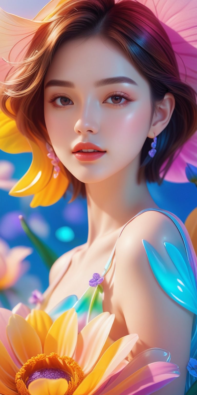 1girl beauty is standing on the flower,the facial details are perfect,and the character details are exquisite,trendy fashion clothes,trendy portraits,bright colors,clean background,3D cartoon style rendering,Panoramic view,large aperture,pop Mart production,delicate gloss,8K gradient translucent glass melt,frosted glass