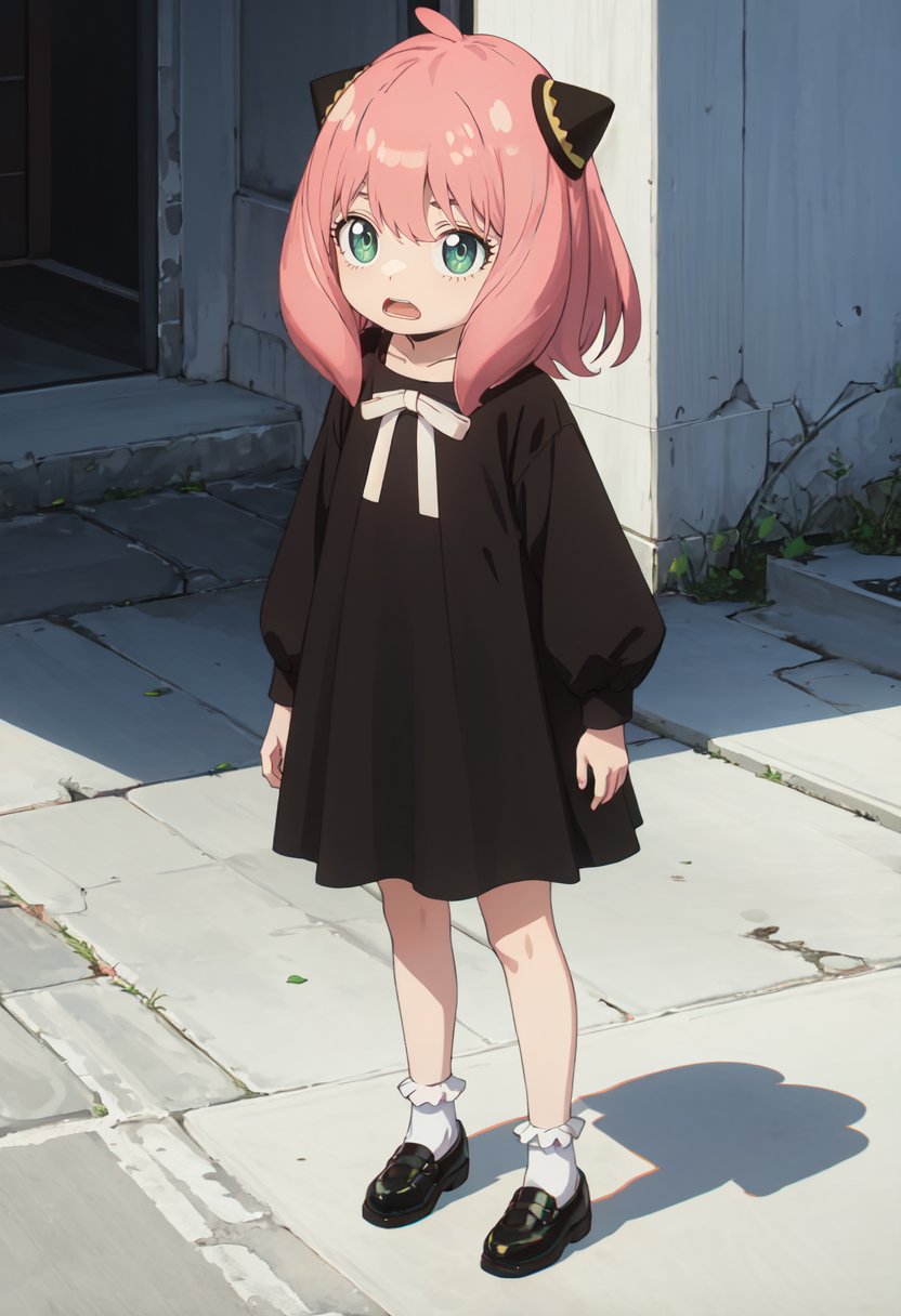 best quality, masterpiece, highres, solo, (anya_forger_spyxfamily:1.10), 1girl, black dress, child, full body, hairpods, shoes, white socks, black footwear, bobby socks, open mouth, standing, shadow, white ribbon, anime_style, 13 <lora:anya_forger_spyxfamily:0.80>