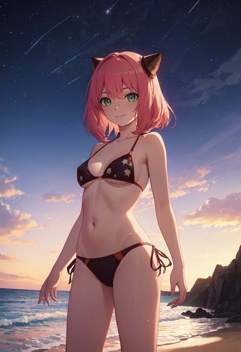 best quality, masterpiece, highres, solo, (anya_forger_spyxfamily:1.10), (night:1.10), (starry sky:1.10), beach, beautiful detailed sky, (extremely detailed background:1.20), (standing:1.10), looking at viewer, (bikini:1.30), light smile, anime_style, 39 <lora:anya_forger_spyxfamily:0.80>