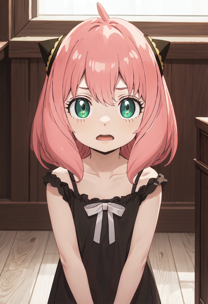 best quality, masterpiece, highres, solo, (anya_forger_spyxfamily:1.10), 1girl, child, hairpods, meme, black dress, open mouth, collarbone, indoors, upper body, looking at viewer, ribbon, blurry, anime_style, 6 <lora:anya_forger_spyxfamily:0.80>