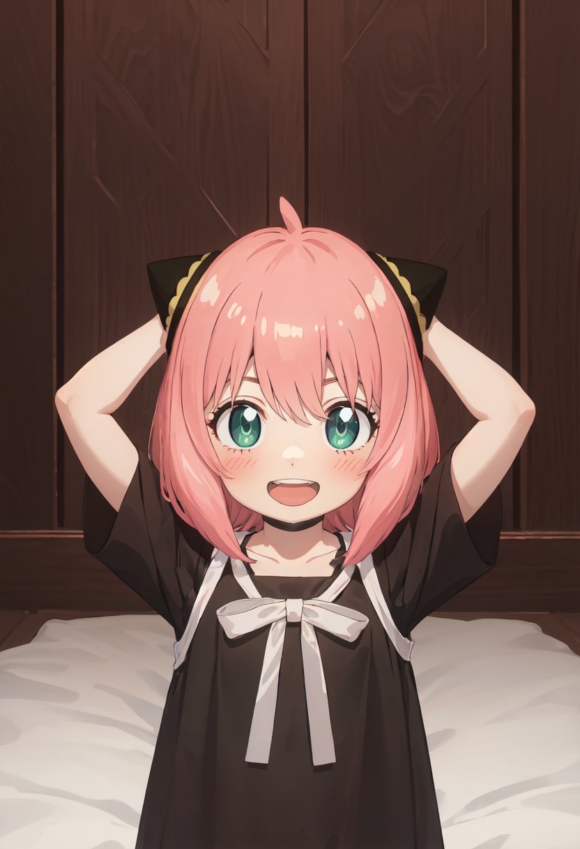 best quality, masterpiece, highres, solo, (anya_forger_spyxfamily:1.10), child, hairpods, open mouth, 1girl, :d, black dress, upper teeth only, looking at viewer, upper body, blush, arms up, anime_style, 9 <lora:anya_forger_spyxfamily:0.80>