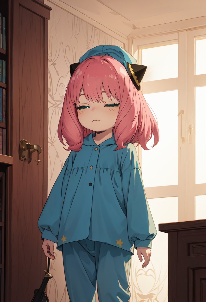 best quality, masterpiece, highres, solo, (anya_forger_spyxfamily:1.10), 1girl, child, indoors, blue pajamas, long sleeves, nightcap, star print, closed eyes, blue headwear, closed mouth, hairpods, standing, wavy mouth, anime_style, 21 <lora:anya_forger_spyxfamily:0.80>