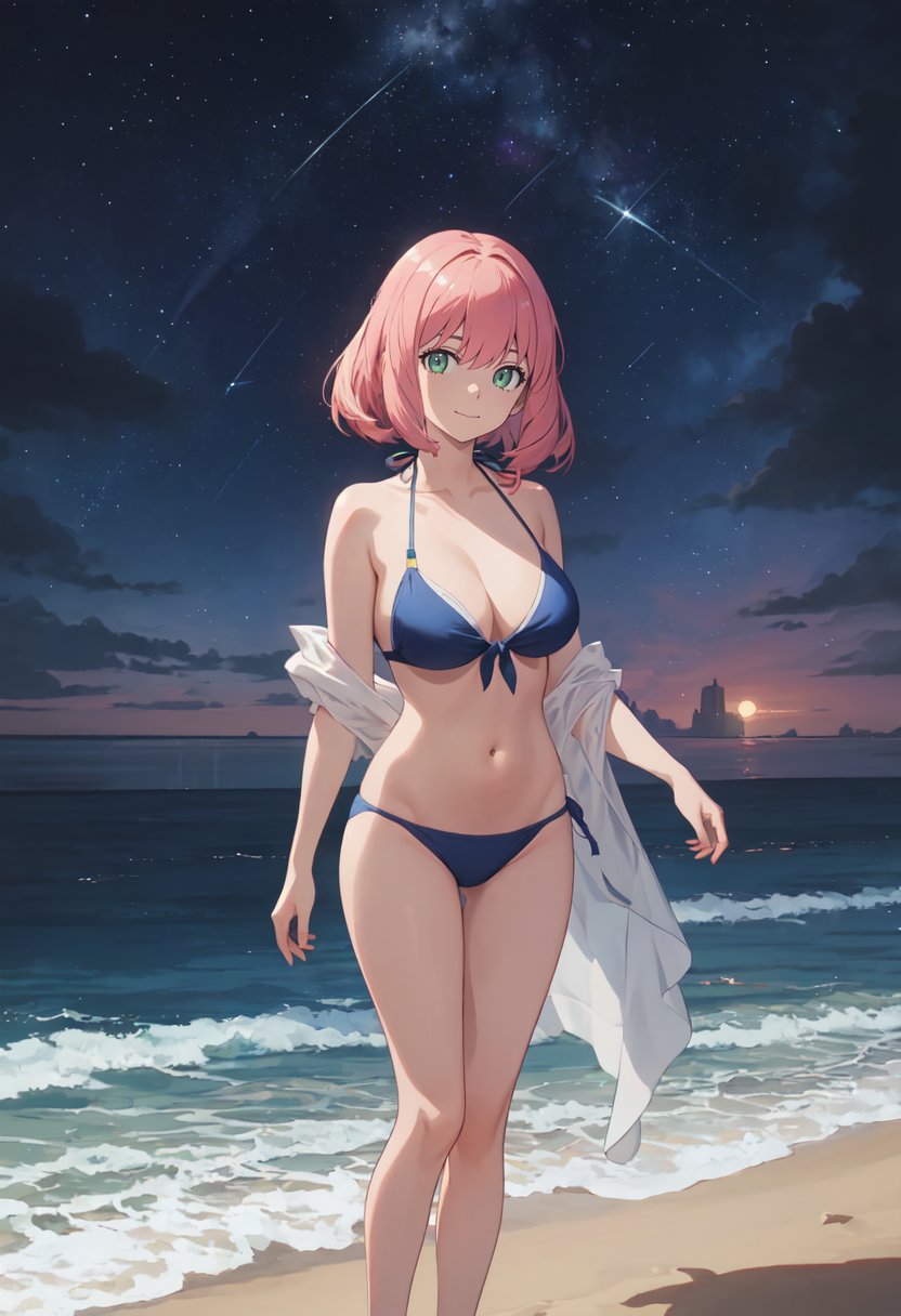 best quality, masterpiece, highres, solo, (anya_forger_spyxfamily:1.10), (night:1.10), (starry sky:1.10), beach, beautiful detailed sky, (extremely detailed background:1.20), (standing:1.10), looking at viewer, (bikini:1.30), light smile, anime_style, 40 <lora:anya_forger_spyxfamily:0.80>