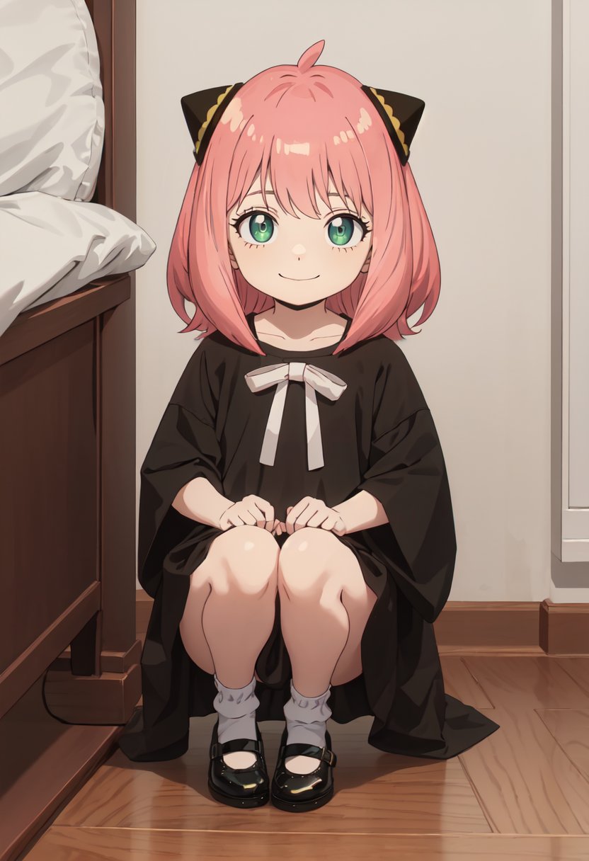 best quality, masterpiece, highres, solo, (anya_forger_spyxfamily:1.10), 1girl, black dress, black footwear, hairpods, smile, white socks, closed mouth, looking at viewer, child's drawing, kneeling, shoes, anime_style, 8 <lora:anya_forger_spyxfamily:0.80>