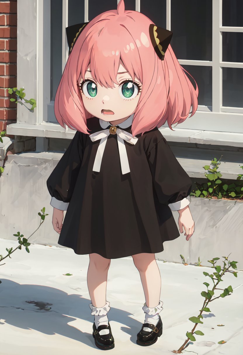 best quality, masterpiece, highres, solo, (anya_forger_spyxfamily:1.10), 1girl, black dress, child, full body, hairpods, shoes, white socks, black footwear, bobby socks, open mouth, standing, shadow, white ribbon, anime_style, 12 <lora:anya_forger_spyxfamily:0.80>