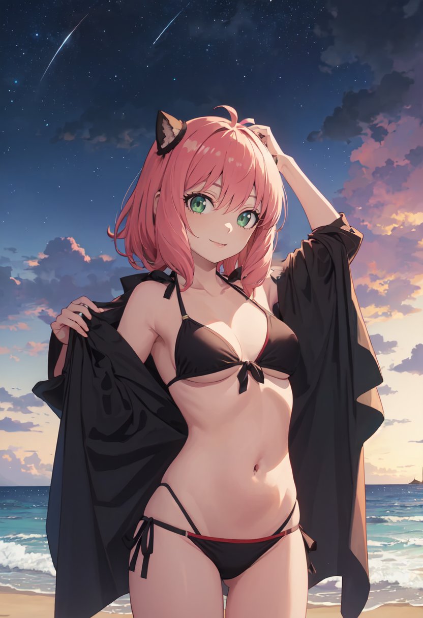 best quality, masterpiece, highres, solo, (anya_forger_spyxfamily:1.10), (night:1.10), (starry sky:1.10), beach, beautiful detailed sky, (extremely detailed background:1.20), (standing:1.10), looking at viewer, (bikini:1.30), light smile, anime_style, 41 <lora:anya_forger_spyxfamily:0.80>