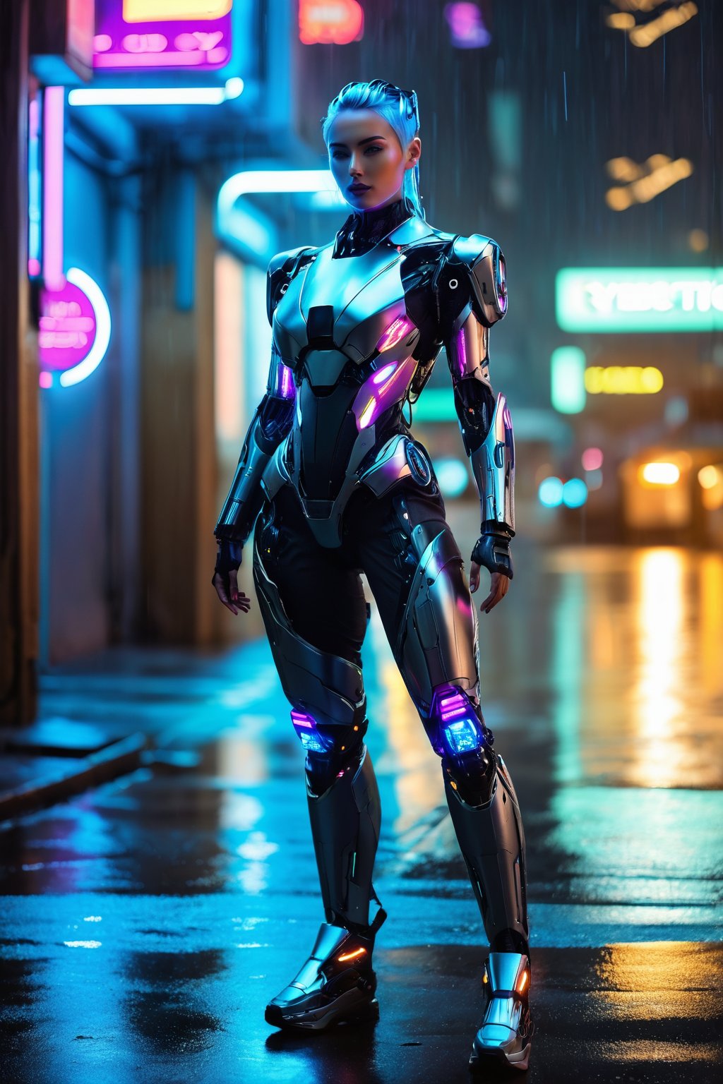 CP2077 Style, an attractive woman with robotic implants, (Cybernetic Enhancement:2), silver and blue gradient hair, full body, luminous tattoo, neon glowing clothes, cold atmosphere,Cyberpunk City View, night time, neon, raining, standing in streets, highly detailed, ultra-high resolutions, 32K UHD, best quality, masterpiece