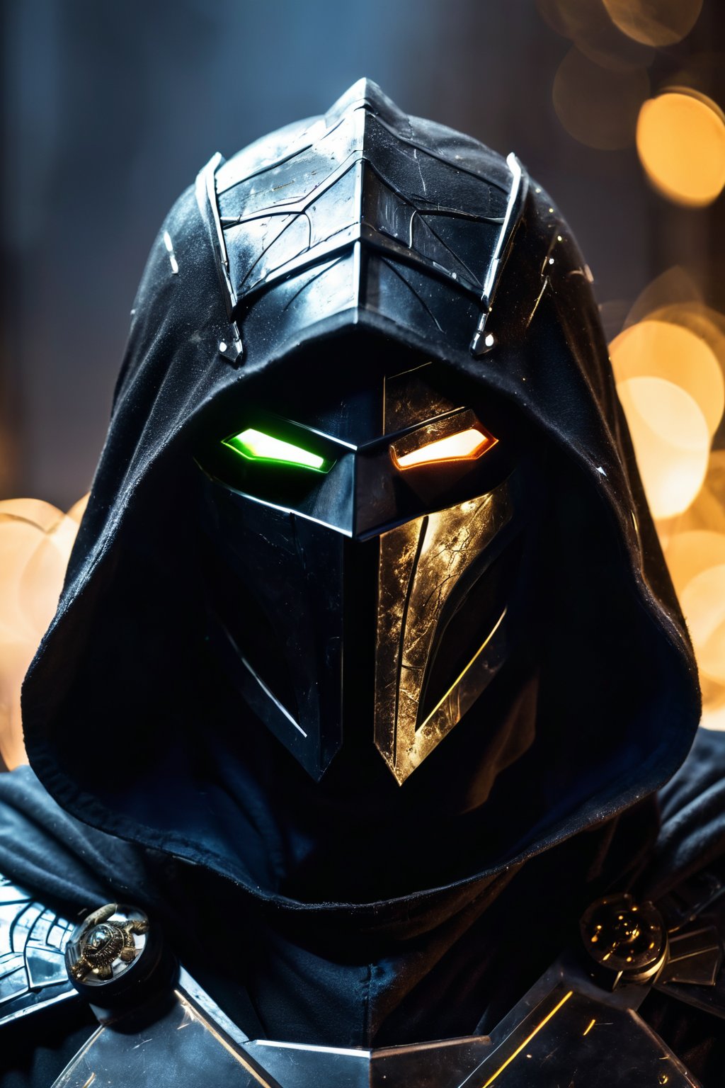 A dark ghostly male silhouette. Messenger of Gaa. Cracked skin. light armor. Cracked armor. Canvas hood. Runic circle. Elements. Power from inside. Glowing eyes. Bokeh blur. ral-dissolve.BadDream photorealistic,