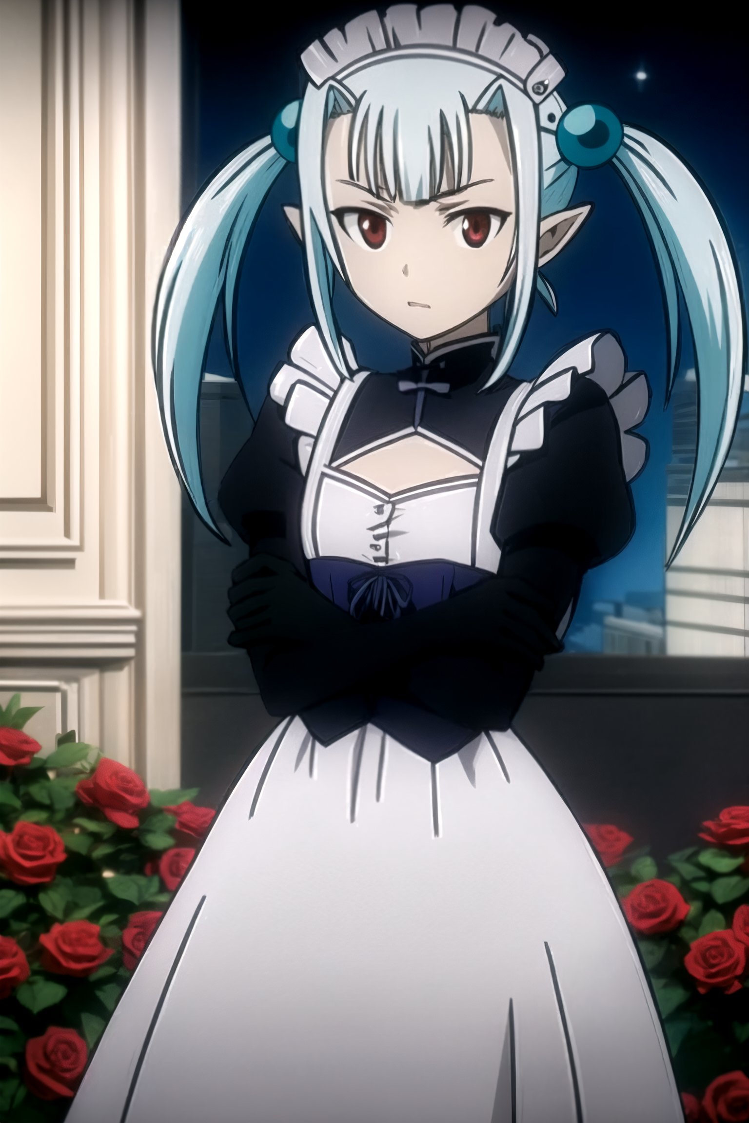 //Quality,
masterpiece, best quality
,//Character,
1girl, solo
,//Fashion,
,//Background,
night, Rose garden
,//Others,
 blue roses, 1girl,,mimi, , solo, dark red eyes, pointy ears, light blue hair, short hair, pigtails hair, cyan orbs on her head, big white maid headband, small chest, black maid dress, white apron, long black glove