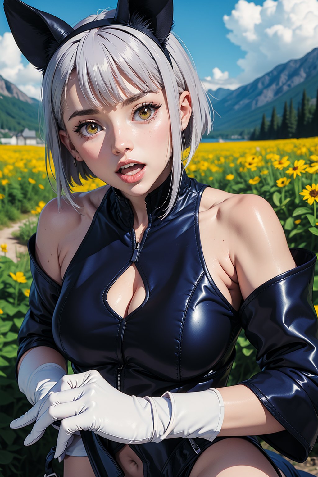 ghibli style,  mio \(xenoblade\),
1girl, animal ears, bare shoulders, grey hair, braid, breasts, fingerless gloves, gloves, jacket, looking at viewer, off shoulder, open mouth, short hair, solo, white gloves, yellow eyes,
, ((masterpiece))
