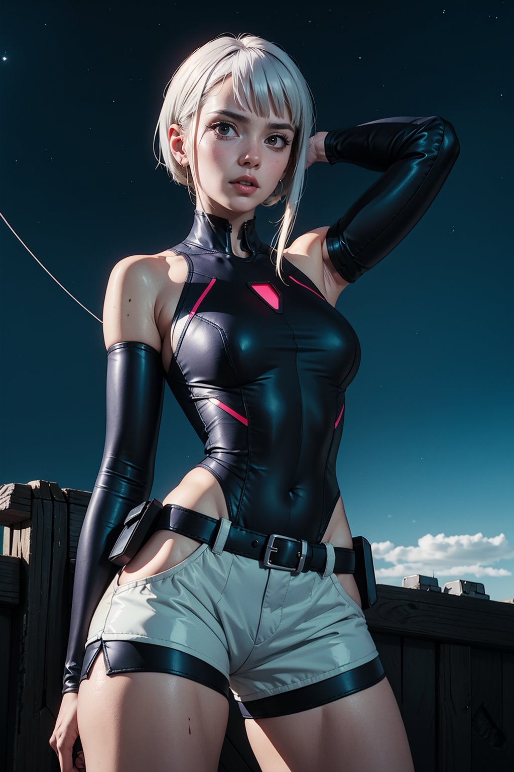 lucy \(cyberpunk\), 

1girl, arm up, asymmetrical hair, belt, bodysuit, covered mouth, covered navel, detached sleeves, grey eyes, hip vent, holding, holding weapon, looking at viewer, night, night sky, pouch, short hair, sky, solo, weapon, white hair, wire, short shorts, shorts, open jacket, 

