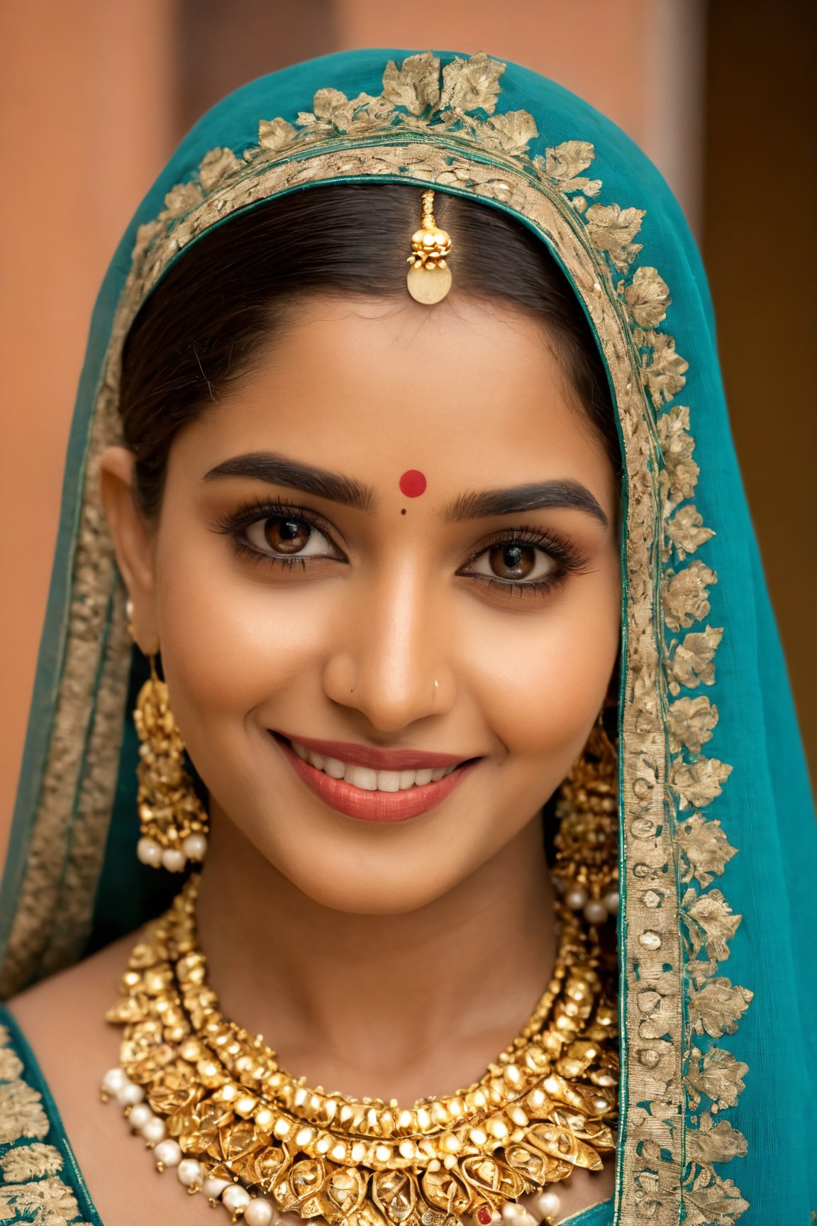 (best quality,4k,8k,highres,masterpiece:1.2),ultra-detailed,(realistic,photorealistic,photo-realistic:1.37),indian,woman,brown skin,portrait,natural light ethnically accurate,traditional clothing,ornate jewelry,soft smile,intense eyes,expressive eyebrows,silky black hair,gorgeous detailed lips,delicate facial features,graceful pose,subtle color palette,HDR,UHD,vibrant colors,traditional patterned background,warm sunlight bathing the subject with a golden glow