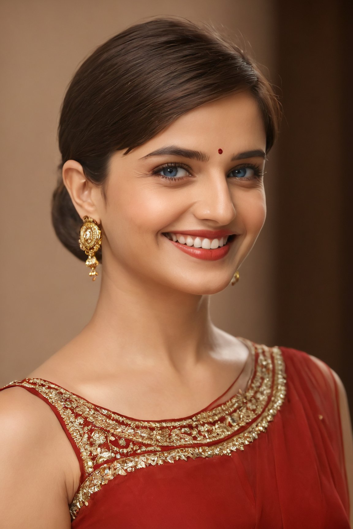 (best quality,4k,8k,highres,masterpiece:1.2),ultra-detailed,(realistic,photorealistic,photo-realistic:1.37),Indian,woman, looking at viewer,smile,short hair,blue eyes,brown hair,dress,jewelry,upper body,earrings,lips,looking to the side,red dress,realistic