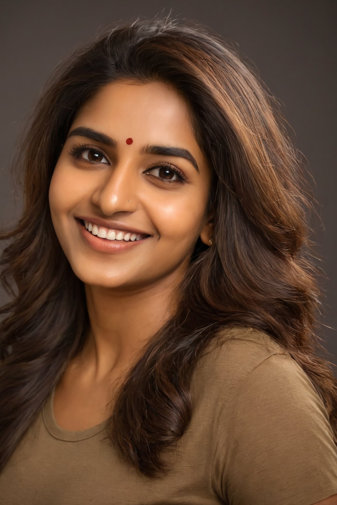 (best quality,4k,8k,highres,masterpiece:1.2),ultra-detailed,(realistic,photorealistic,photo-realistic:1.37),indian woman,brown skin,t-shirt,beautiful detailed eyes,beautiful detailed lips,long eyelashes,subtle smile,dark wavy hair flowing down her shoulders,confident expression,graceful posture,soft lighting,studio setting,neutral background,portraits,vivid colors