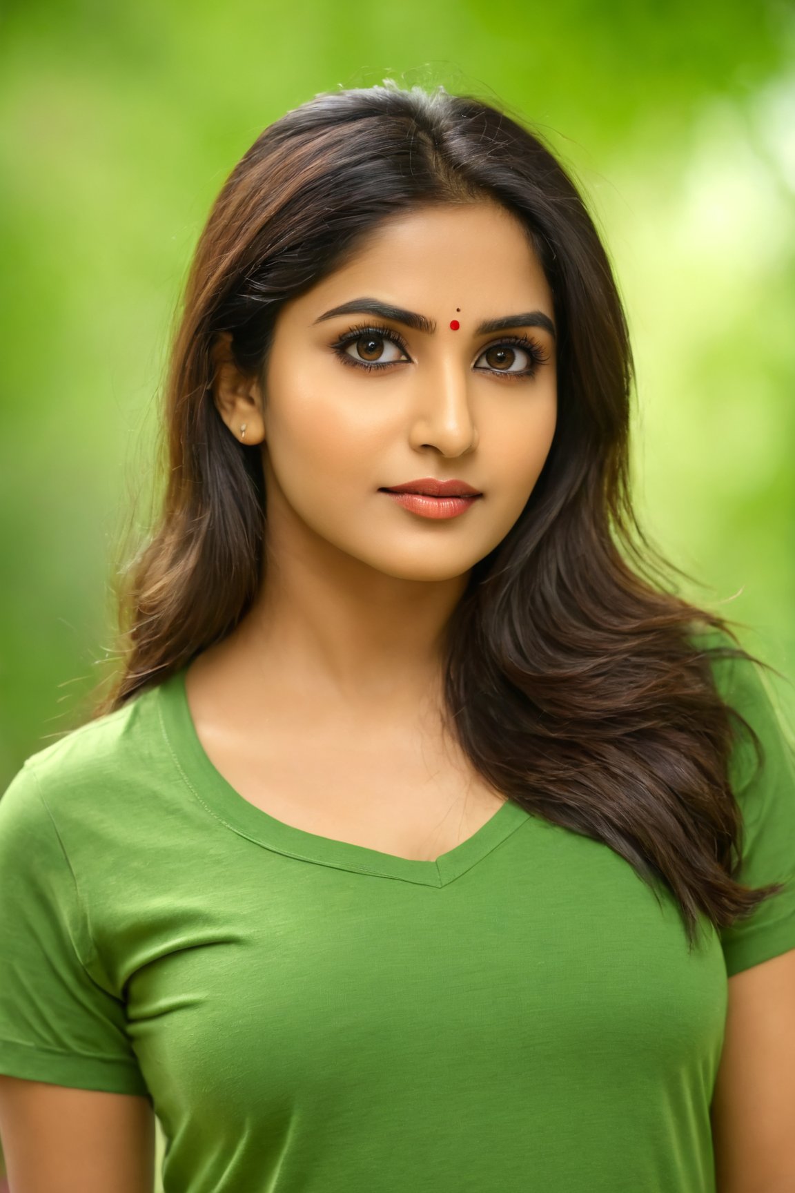 (best quality,4k,8k,highres,masterpiece:1.2), ultra-detailed, (realistic,photorealistic,photo-realistic:1.37), indian, woman, detailed eyes and face, beautiful detailed lips, long eyelashes, dark hair, tshirt, vibrant colors, natural lighting, lush green background, portrait