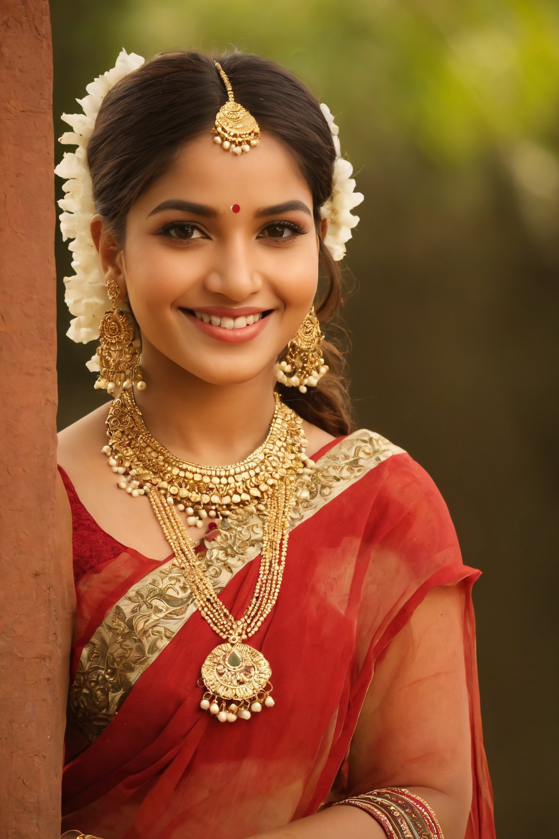 (best quality,4k,8k,highres,masterpiece:1.2),ultra-detailed,(realistic,photorealistic,photo-realistic:1.37),indian portrait,woman with beautifully detailed features,brown skin,(luminous,vibrant:1.1) colors,(soft,natural) lighting,peaceful outdoor background,traditional attire,exquisite traditional jewelry,graceful pose,long flowing hair,elegant smile,expressive eyes,intense gaze,subtle makeup,natural beauty,serene atmosphere,rich cultural heritage,lively atmosphere,authentic ambiance,detailed texture,impeccable craftsmanship,timeless beauty,traditional handiwork,meticulous attention to detail,celebration of diversity,harmonious composition,sophisticated elegance,traditional motifs,subtle gradients,delicately painted patterns,rich color palette,ethereal atmosphere,lush greenery,tranquil setting,beautiful play of light and shadow,graceful contours