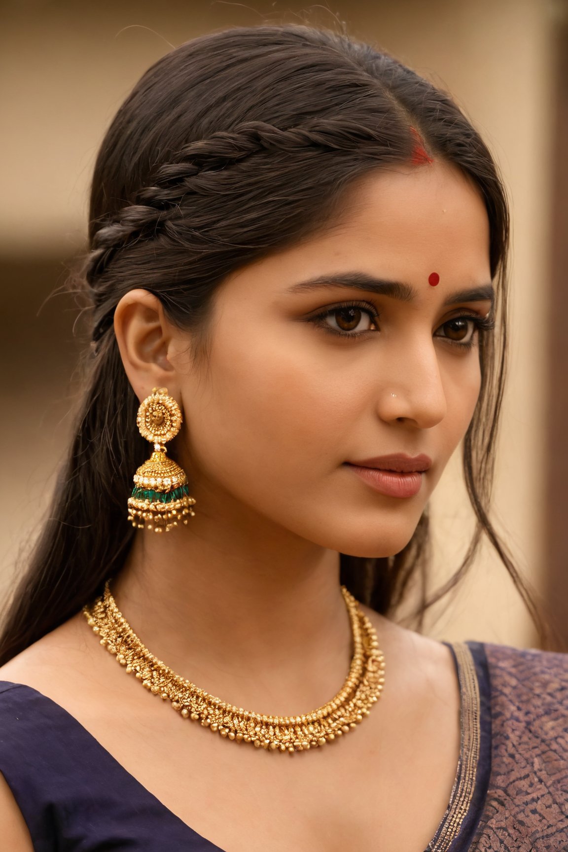 (best quality,4k,8k,highres,masterpiece:1.2),ultra-detailed,(realistic,photorealistic,photo-realistic:1.37),Indian,woman, long hair,black hair,dress,brown eyes,jewelry,upper body,braid,earrings,solo focus,necklace,mole,blurry,lips,looking to the side,blurry background,realistic,mole on cheek