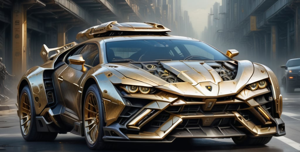 lamborghini, scifi, luxurious,  cyberpunk, car on a highway ,luxtech, luxurious,mecha,gold_trim and flat black, cyberpunk, photorealistic,mecha musume,MECHA