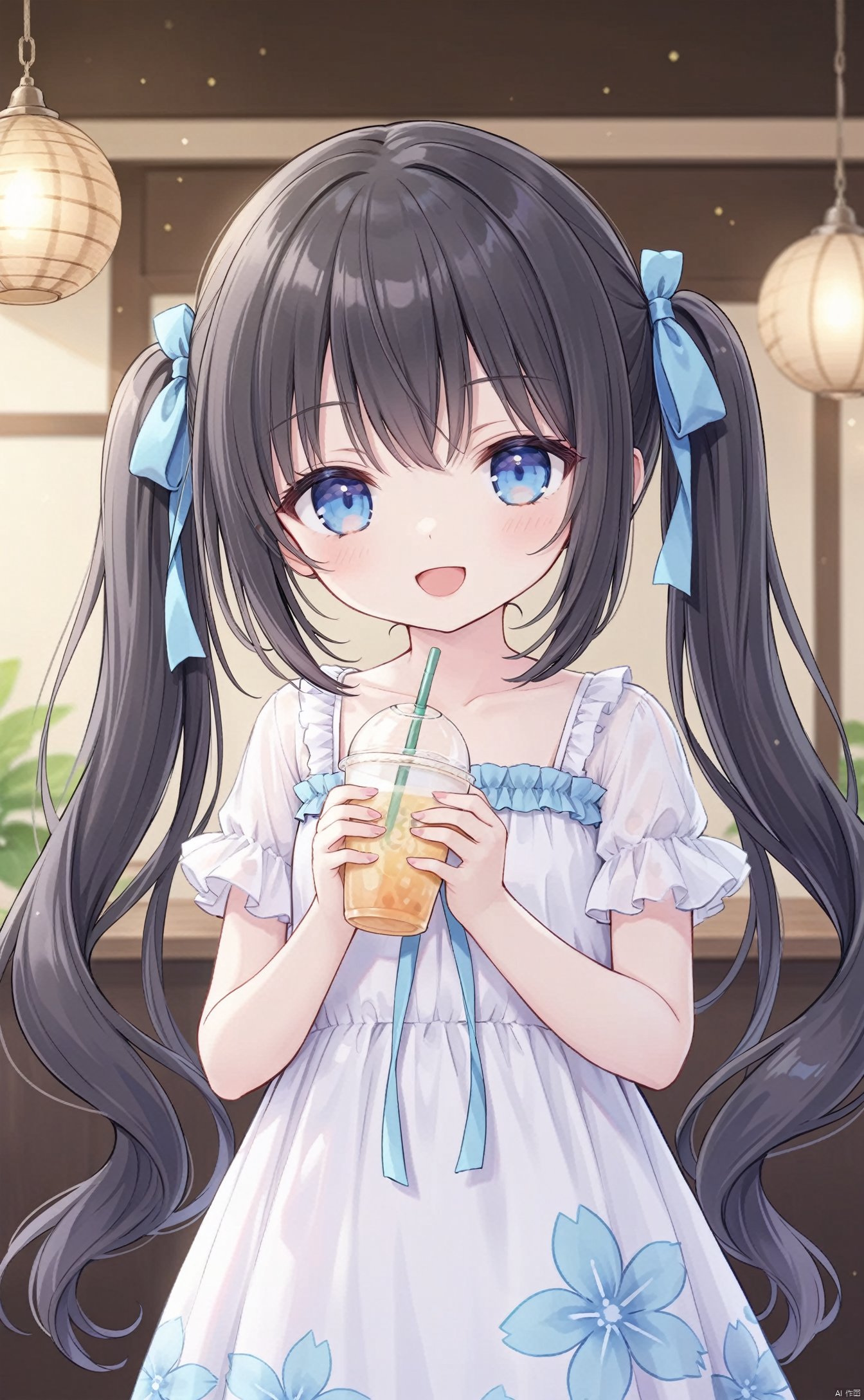 very long hair,twintails,loli,loli,loli,loli,loli,loli,loli,loli, ﻿grossissementdedeuxcentsoixantepourcent_portrait,grossissementdedeuxcentsoixantepourcent_portrait,grossissementdedeuxcentsoixantepourcent_portrait,grossissementdedeuxcentsoixantepourcent_portrait,grossissementdedeuxcentsoixantepourcent_portrait,grossissementdedeuxcentsoixantepourcent_portrait,grossissementdedeuxcentsoixantepourcent_portrait,grossissementdedeuxcentsoixantepourcent_portrait,1girl, solo, blue_eyes, open_mouth, smile, long_hair, drinking_straw, dress, looking_at_viewer, twintails, black_hair, holding, cup, floral_print, :d, ribbon