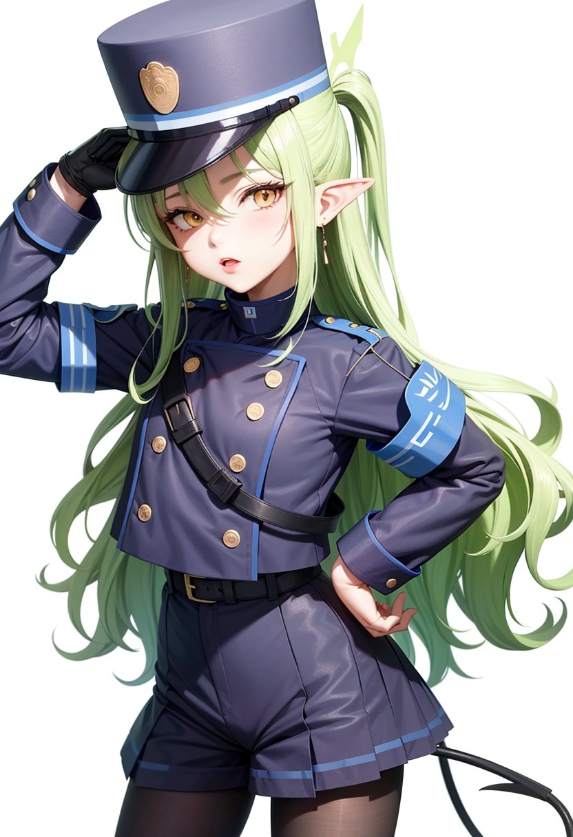 (masterpiece, best quality:1.3),<lora:highlander15_v2:1>,long_sleeves, green_halo, peaked_cap, cowboy_shot, white_background, solo, black_shirt, white_gloves, highres, pleated_skirt, closed_mouth, black_hat, simple_background, earrings, absurdres, white_pantyhose, highlander_sidelocks_conductor_\(blue_archive\), blush, demon_tail, 1girl, black_belt, black_skirt, black_tail, pointy_ears