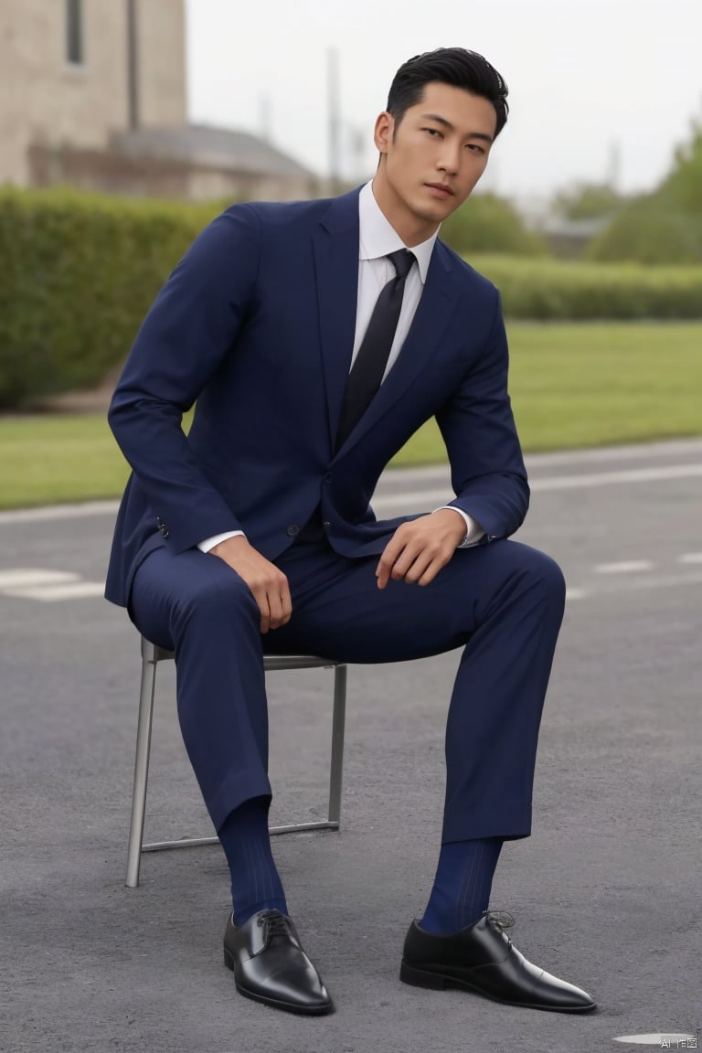  jzns,1man,male focus,asian,exquisite facial features,handsome,formal suit,necktie,pants,(navy sheer socks),footwear,sitting,crossed legs,Volumetric lighting,blurry,full shot,outdoors,masterpiece, realistic, best quality, highly detailed, Ultra High Resolution,profession, jznssw,br