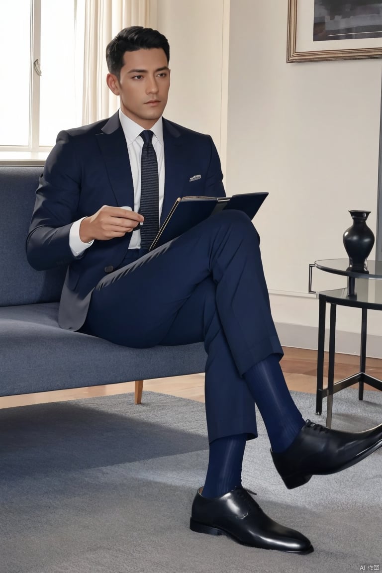  1man,masterpiece,realistic,best quality,highly detailed,Ultra High Resolution,profession,grey pants,(navy sheer socks),footwear,Tailored Fit,Quality Fabrics,graceful yet melancholic posture,couch,soft lighting,full shot,,jzns,jznssw,br