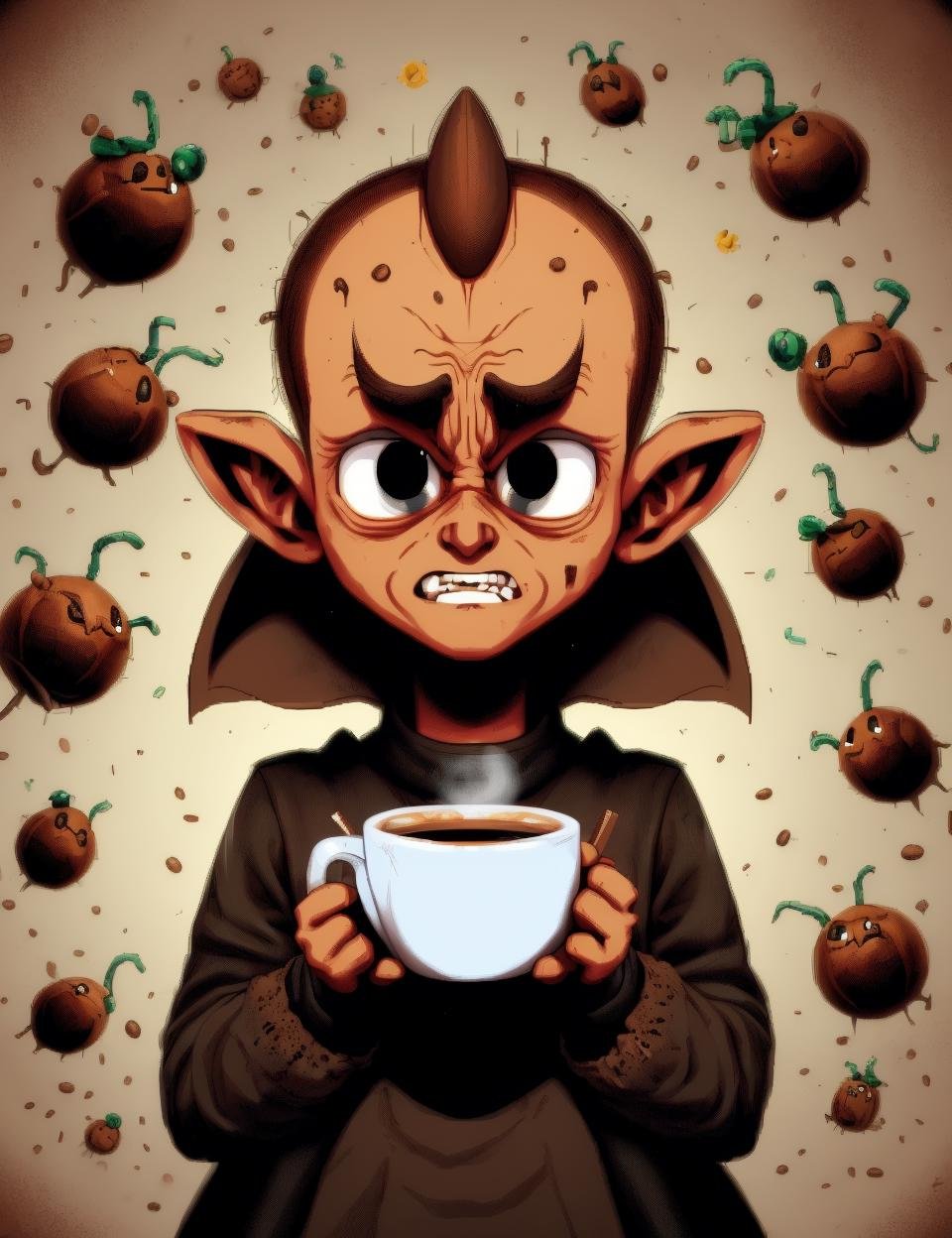 DonM8u663d, text "BUGGED!",  coffee spirit, small humanoid being, large pointed ears, brown earth toned simple tattered clothing, subservient humble demeanor, large expressive eyes, magical, loyalty, dedication, strong sense of duty ,   <lora:DonM8u663d:0.8>