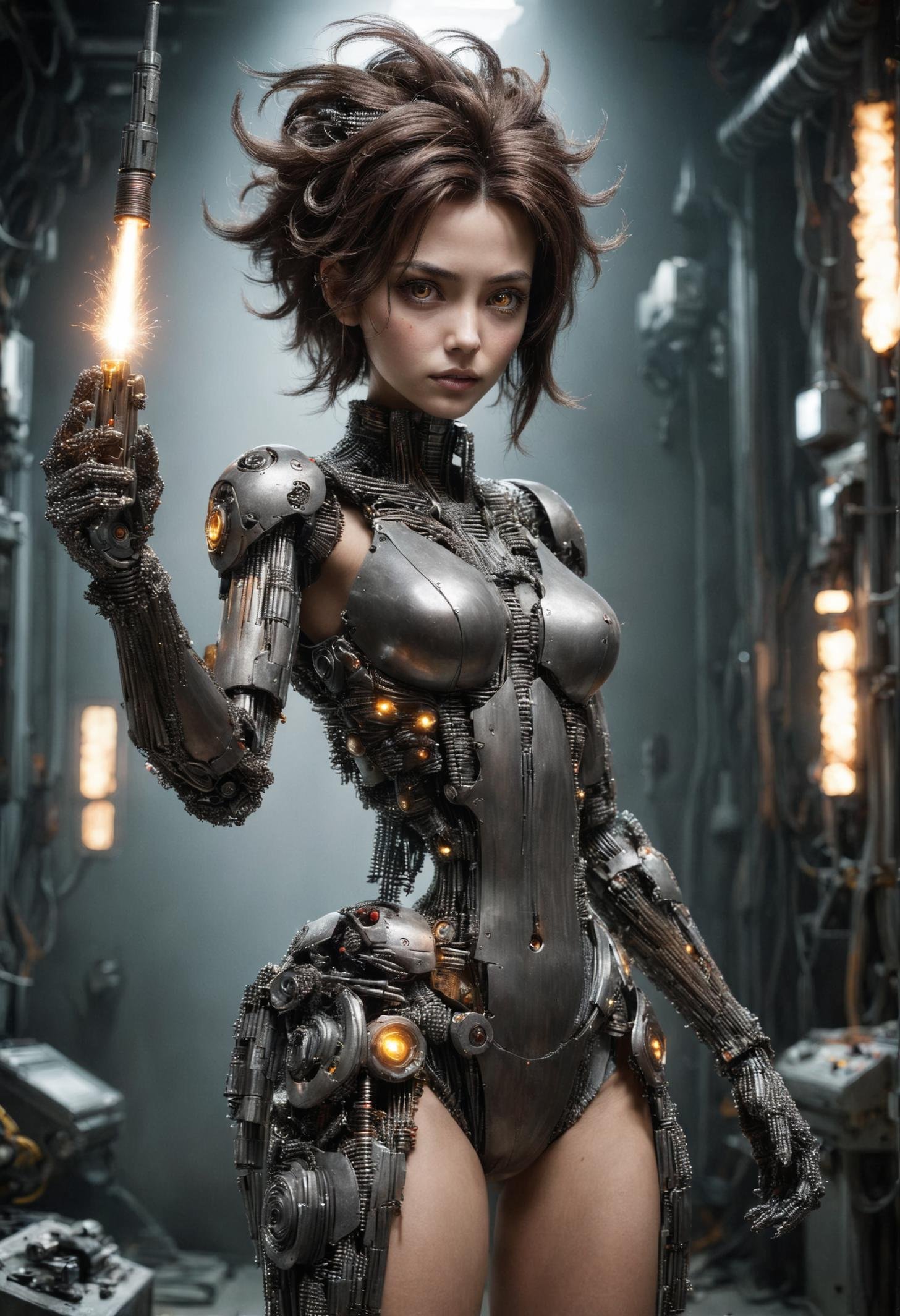 DonM1r0nF1l1ng5XL, iron filings, female robot technician, energy vampire- eerie, shadowy figures with glowing eyes and tendrils that siphon energy, ageless, wholesome, southeast asian, brown eyes,   receding chin with cleft,  dimpled cheeks, flat forehead,    , chestnut updo hairstyle hair, contentment, holding futuristic weaponry with a bold stance.,  wearing  haptic feedback leg holster, quantum encryption print virtuality cardigan dress,   , performing gravity-defying flips or maneuvers with agility. ,  <lora:DonM1r0nF1l1ng5XL-000006:0.8>