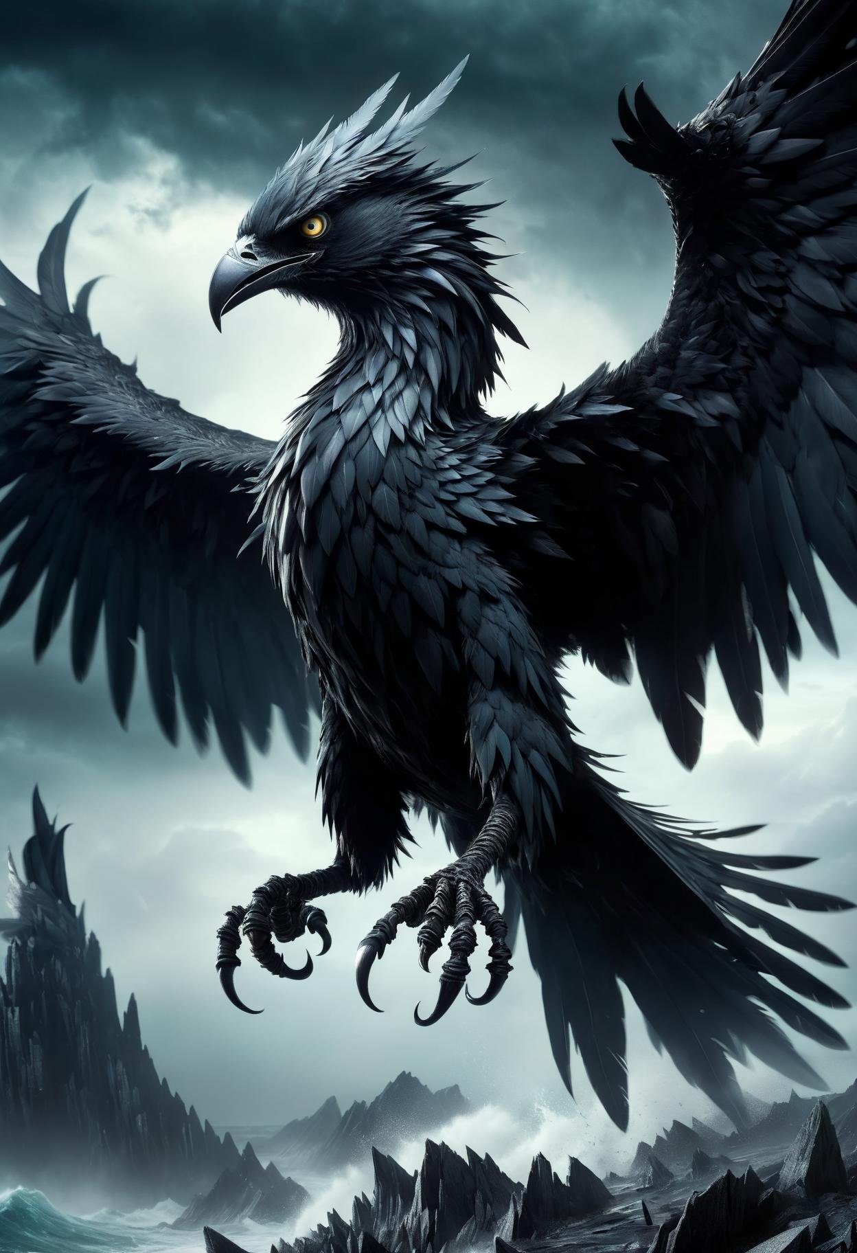 DonMB14ckR0ckXL, black rock, will-o'-the-wisp, mix of human and bird features, humanoid upper body, sharp claws, feathery wings, powerful, bird's beak, varied coloration,  distinctive and eerie screeching, stormy weather and winds, vengeance, punishment, wild, predatory, malevolent , <lora:DonMB14ckR0ckXL-000008:0.8>