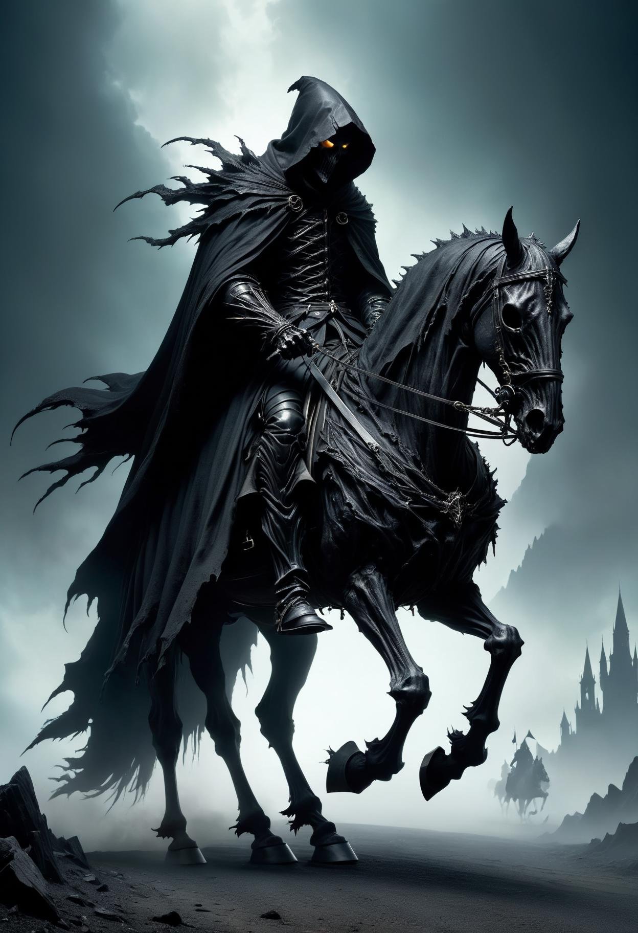 DonMB14ckR0ckXL, black rock, dullahan, headless humanoid figure, carries head in one hand, neck stump, dark shadowy hooded attire, riding a horse or carriage, whip made from human spine, harbinger of death, mournful expression mysterious foreboding aura , <lora:DonMB14ckR0ckXL-000008:0.8>