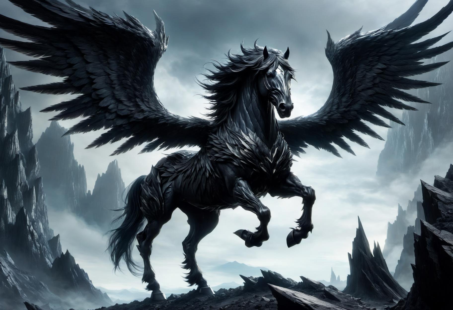 DonMB14ckR0ckXL, black rock, angel-treasure, half-human, half-horse, mythological creatures, powerful and agile, equine lower body, human upper body,guardians of the wild, fantasy , <lora:DonMB14ckR0ckXL-000008:0.8>