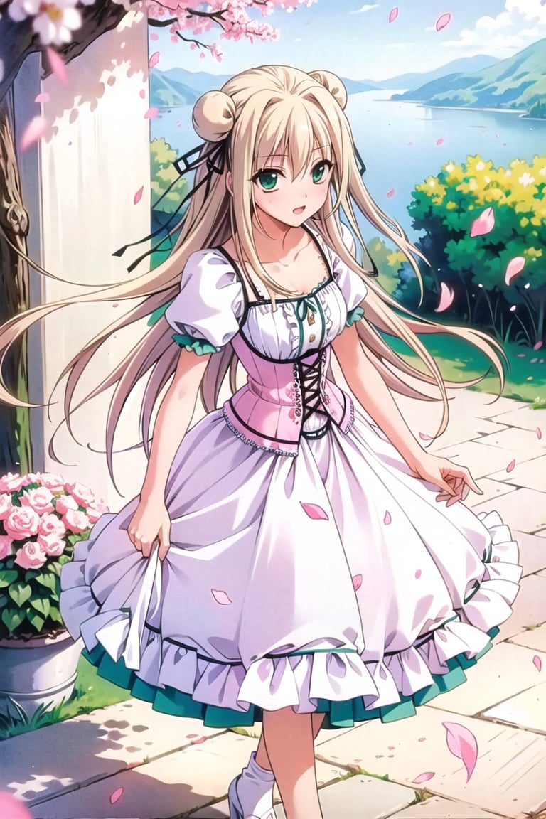 (masterpiece:1.3),best quality, (sharp quality), Blonde hair, long hair, Blonde, long hair,Blonde hair, long hair, hair in a bun, green plain clothes, long skirt, ruffles, high platform, cherry petals, beautiful view,