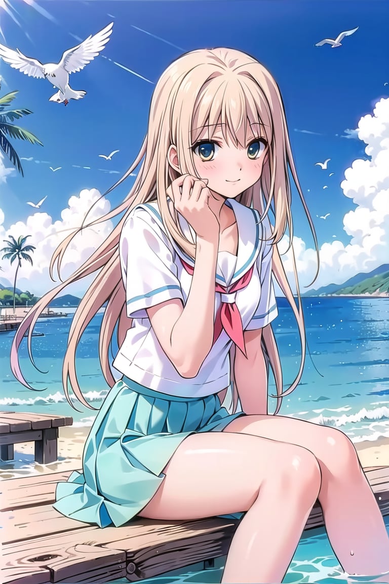 (masterpiece:1.3),best quality, (sharp quality), Blonde hair, long hair, Blonde, long hair, school uniform, fluttering skirt, hand combing hair, seaside, blue ocean, seagullsseaside, blue sea, seagulls