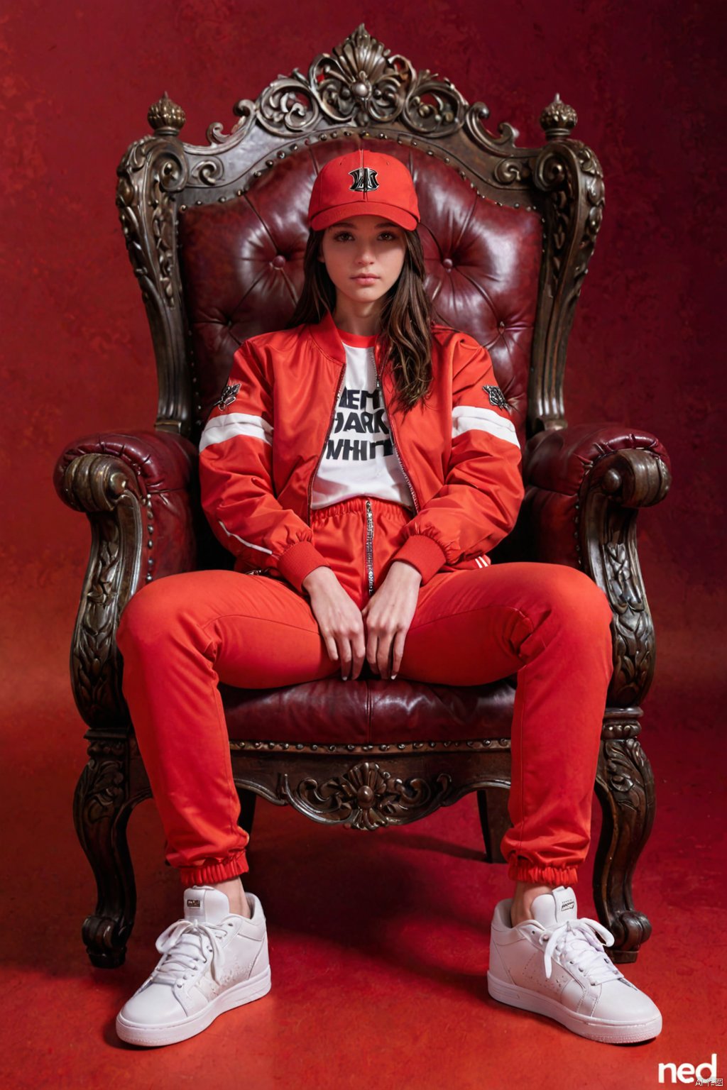  1girl, solo, shirt, long sleeves, hat, sitting, jacket, full body, shoes, pants, black eyes, chair, white footwear, red background, red jacket, head rest, red pants, red theme, throne,best quality, ultra highres, original, extremely detailed, perfect lighting.