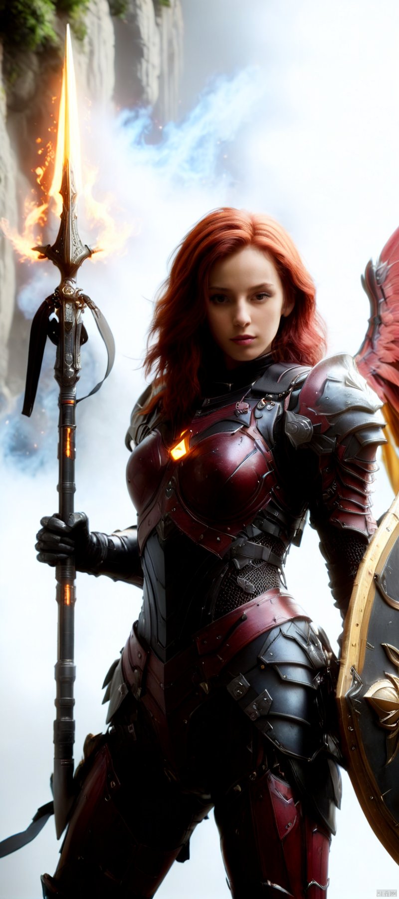 1 girl, Flame body, masterpiece, top quality,phoenix dark is x-men, beautiful and aesthetic:1.2, (1girl:1.3), (full body:1.5),red suitbody ,looking at viewer,fire hair, extreme detailed,(fire hands:1.5),fire,smoke,goddess, detailed, detail fingers, detail face, masterpiece,ultra realistic,32k,extremely detailed CG unity 8k wallpaper, best quality, Cinematic photography, movie mood, cinematic light, compelling composition, storytelling elements, conveys emotion, mood, and narrative depth, creating visually striking images that feel like still frames from a film, Cinematic portrait photography, capture subject in a way that resembles a still frame from a movie, cinematic lighting, story, narrative quality, drawing viewers into the scene and evoking a sense of cinematic immersion, capturing emotion, professional, engaging, compelling composition, night photography, nocturnal beauty, city lights, starry skies, celestial wonders, moonlit landscapes, urban glow, capturing the essence of darkness, ethereal atmosphere, dramatic shadows, magical ambiance, long exposure techniques, expert use of light sources, Heavenly Breasts,COLORFUL GRADIENT,score_9_up score_8_up score_7_up,DAMIMI,Spear and Shield,UTASHIMADG fishnets mecha leotard armor, HKMAGIC,Wearing fist gauntlets, HKSTYLE,MECHA ANGEL SOLDIER,((Hold spear and huge shield in front of body:1.5)),Hold spear and Shield