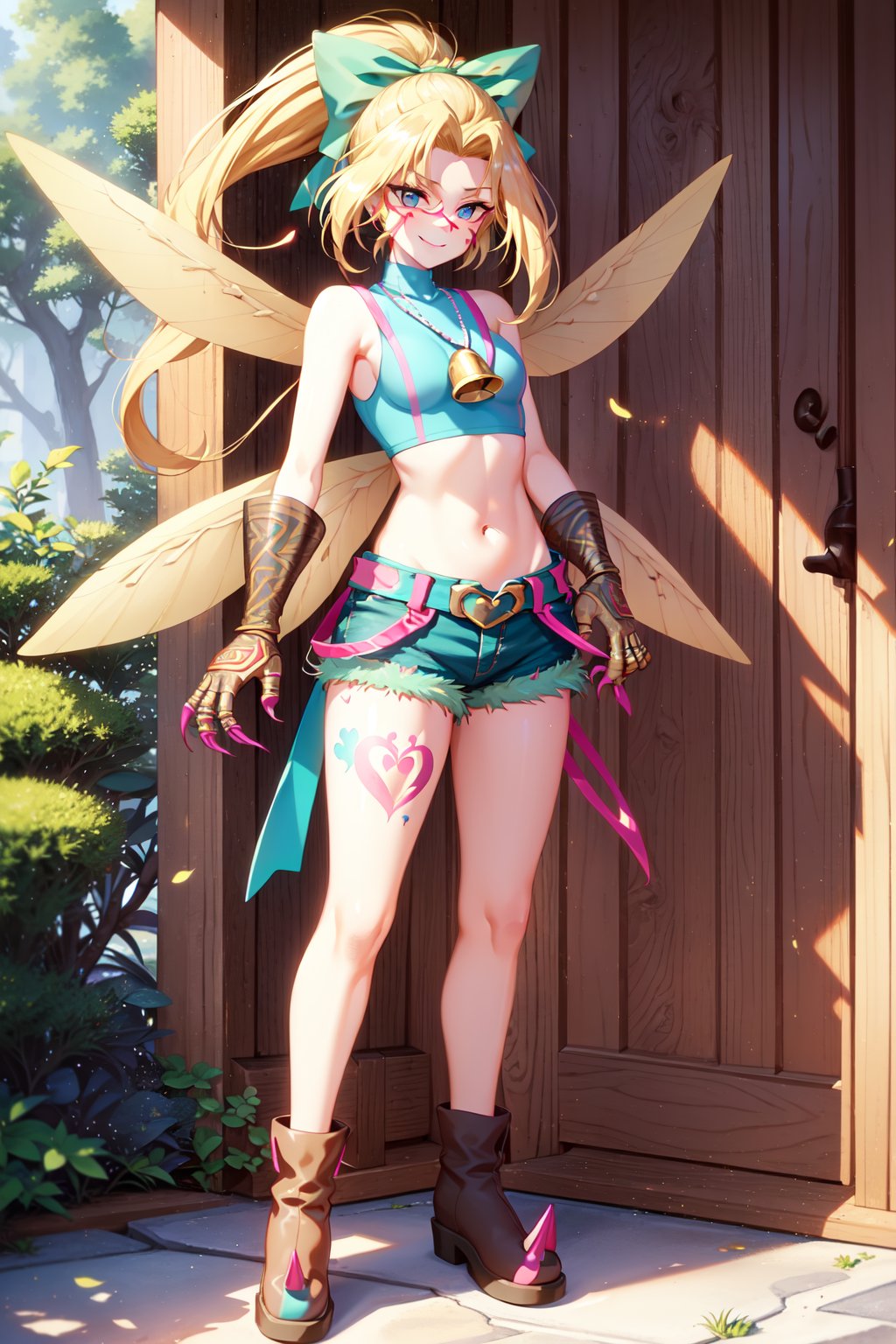 (masterpiece, highres, best quality:1.3), tinkermon, 1girl, solo, long hair, looking at viewer, smile, bangs, blue eyes, blonde hair, fantasy jungle, shirt, bow, navel, bare shoulders, jewelry, closed mouth, standing, full body, ponytail, hair bow, heart, digimon \(creature\), boots, wings, shorts, sleeveless, midriff, belt, necklace, crop top, short shorts, sleeveless shirt, bell, tattoo, brown footwear, bandaid, claws, green bow, outline, fairy wings, green shorts, heart tattoo, insect wings