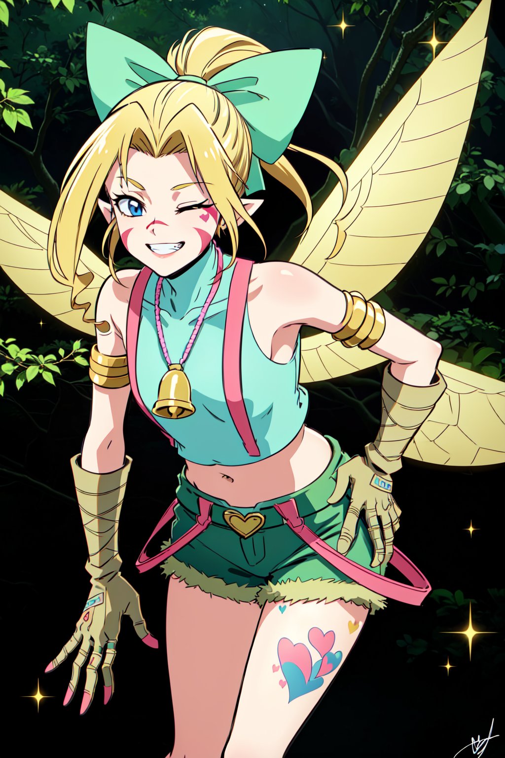 (masterpiece, highres, best quality:1.3), tinkermon, 1girl, solo, long hair, breasts, looking at viewer, smile, bangs, blue eyes, blonde hair, shirt, gloves, bow, navel, bare shoulders, jewelry, standing, ponytail, hair bow, heart, sidelocks, cowboy shot, one eye closed, wings, shorts, teeth, digimon \(creature\), sleeveless, pointy ears, midriff, belt, signature, grin, crop top, hand on hip, short shorts, sparkle, sleeveless shirt, bell, tattoo, leaning forward, facial mark, ring, suspenders, armlet, brown gloves, green bow, green shirt, fairy wings, green shorts, heart tattoo, yellow wings, fantasy jungle