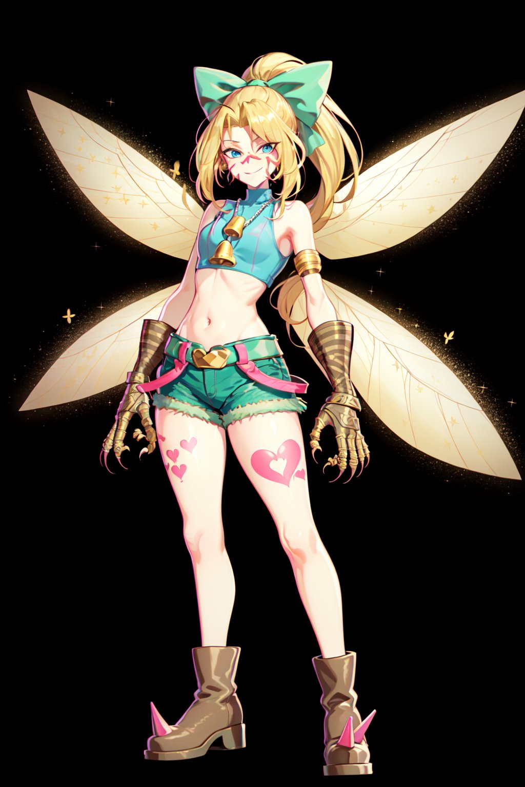 (masterpiece, highres, best quality:1.3), tinkermon, 1girl, solo, long hair, looking at viewer, smile, bangs, blue eyes, blonde hair, simple background, shirt, bow, navel, bare shoulders, jewelry, closed mouth, standing, full body, ponytail, hair bow, heart, digimon \(creature\), boots, wings, shorts, sleeveless, midriff, belt, necklace, crop top, short shorts, sleeveless shirt, bell, tattoo, brown footwear, black background, bandaid, claws, green bow, outline, fairy wings, green shorts, heart tattoo, insect wings